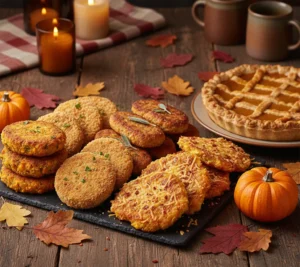 Autumn feast with pumpkin pie and pumpkin cutlets and snacks