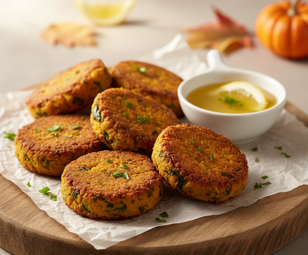 Pumpkin vegetable Cutlets served on a wooden board with lemon butter sauce