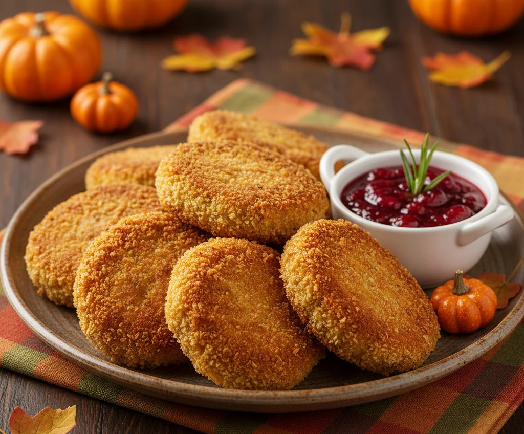 Thanksgiving Turkey & Pumpkin Cutlets served in brown roung plate with tomato sauce