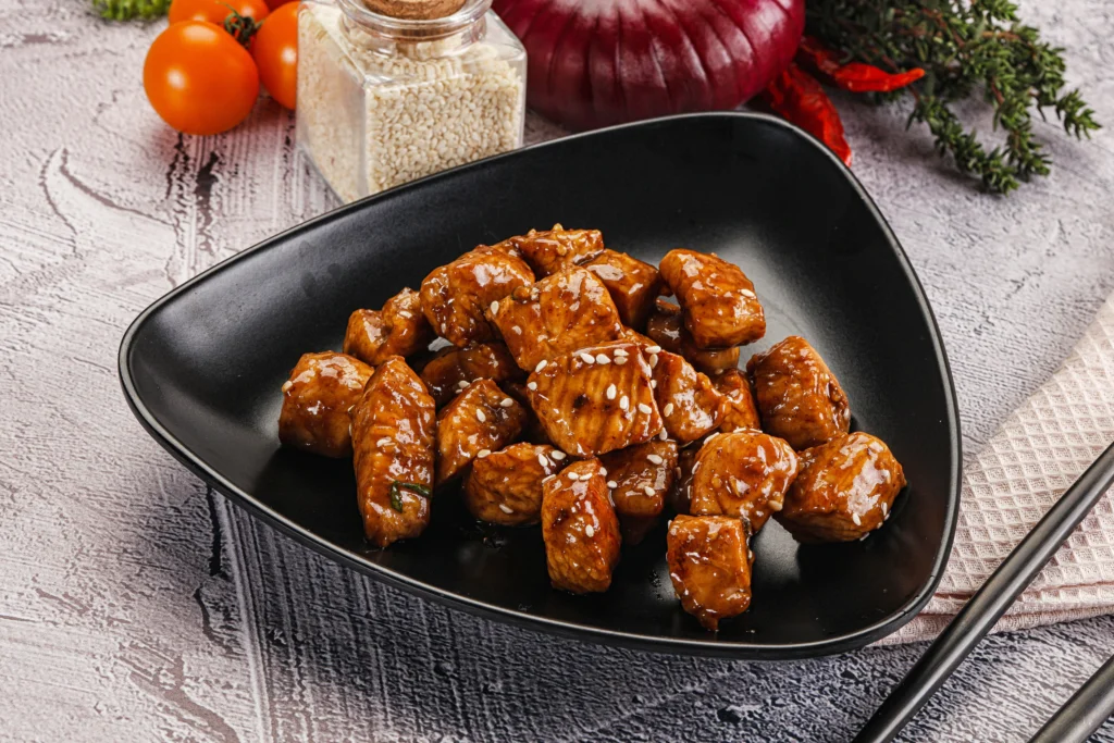 Delicious teriyaki glazed cutlets bites.