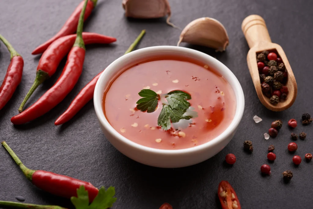 spicy buffalo sauce served in a white bowl