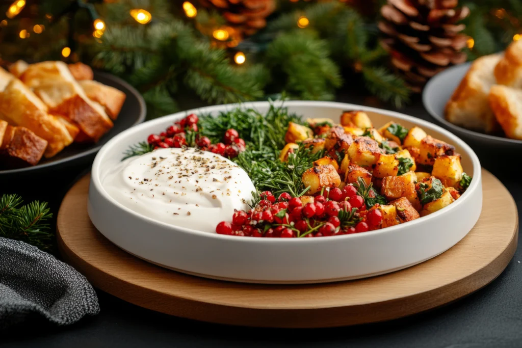 christmas side dishes served in a round plate