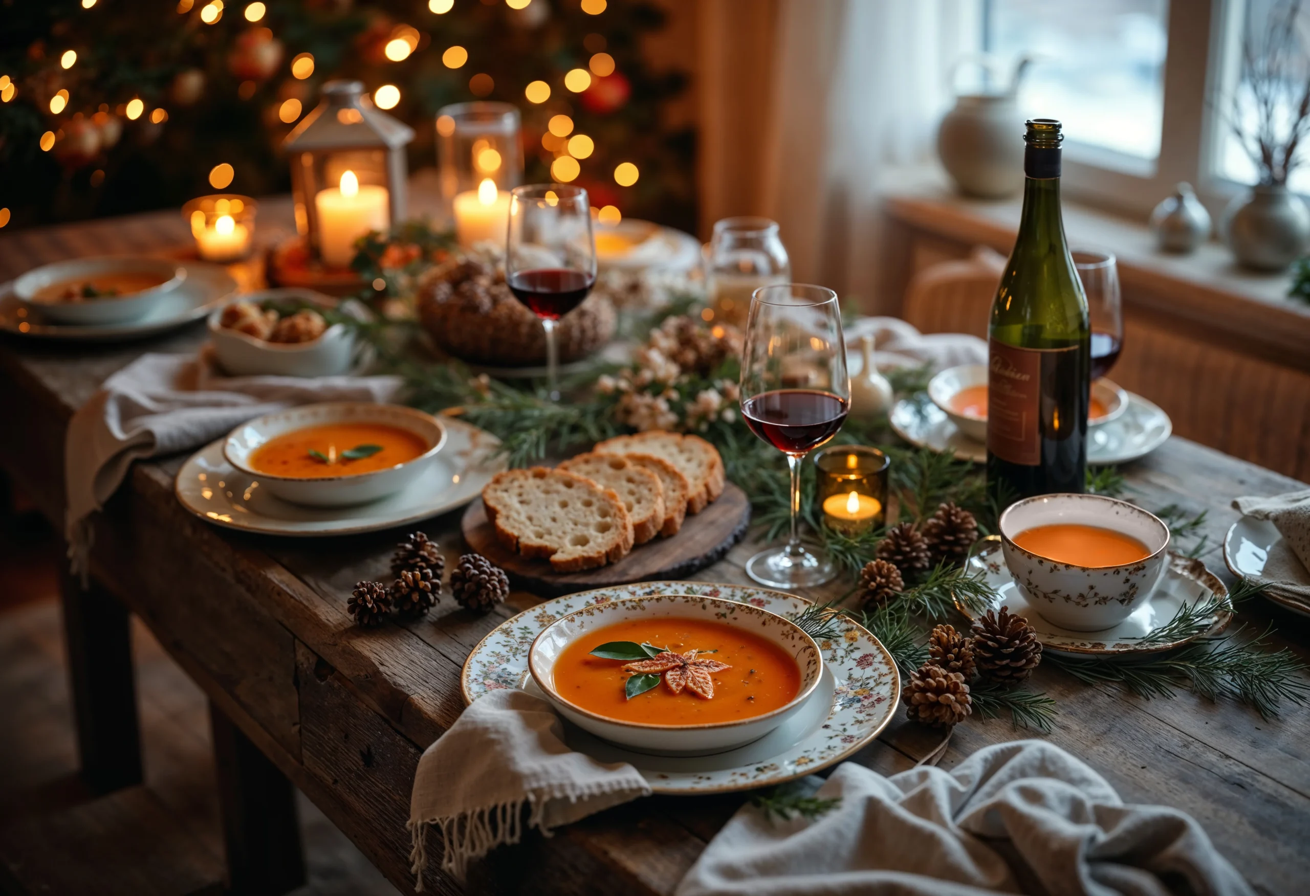Festive table with soup and winter meals