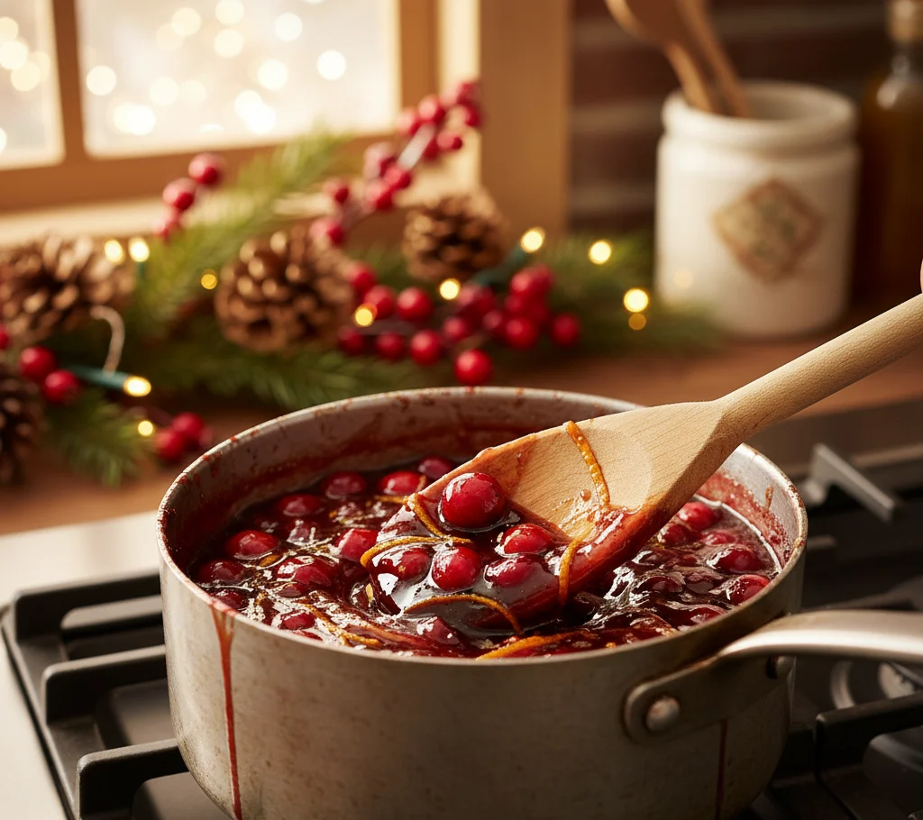 Cranberry sauce cooking in pot