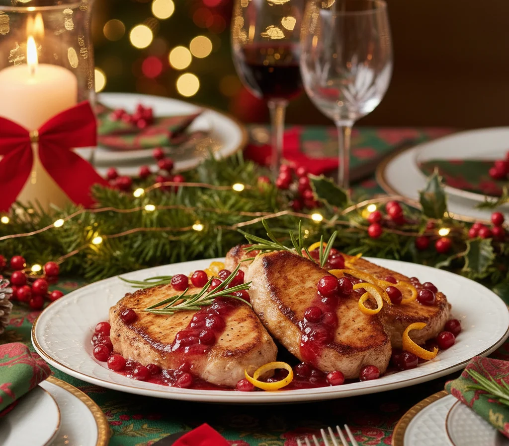 Christmas dinner pork chops with cranberry sauce