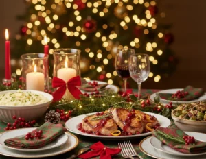 Christmas dinner table with holiday decorations
