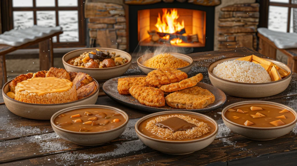 winter meals served on wooden table with cozy fireplace background