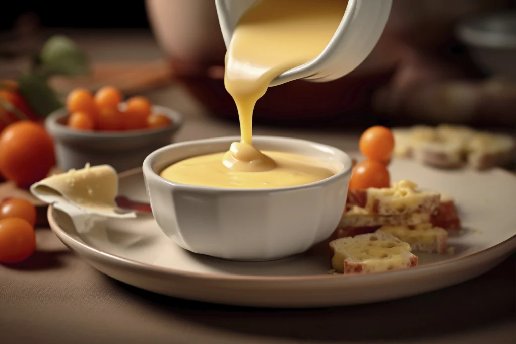 honey mustard yogurt sauce being poured in a white ceramic bowl