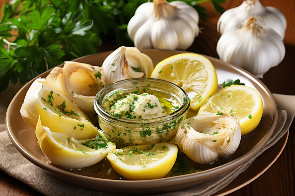 lemon garlic butter sauce served in a bowl placed in plate with lemon and garlic around it