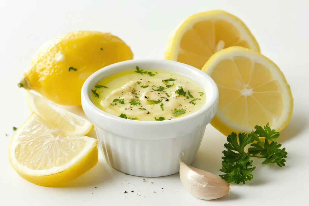 lemon garlic butter sauce served in a bowl placed in plate with lemon and garlic around it