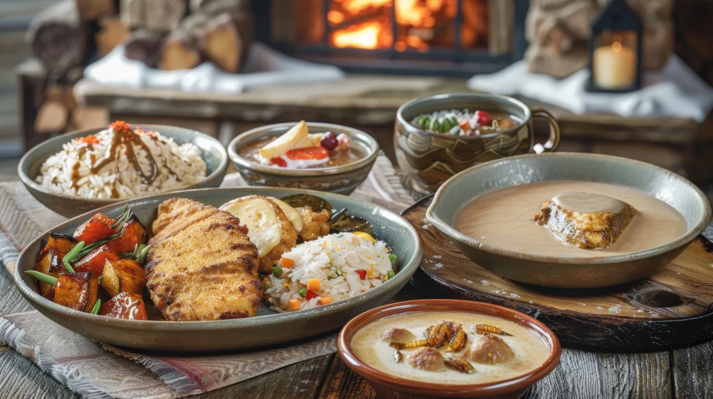 rustic table setting with variety dishes fireplace background