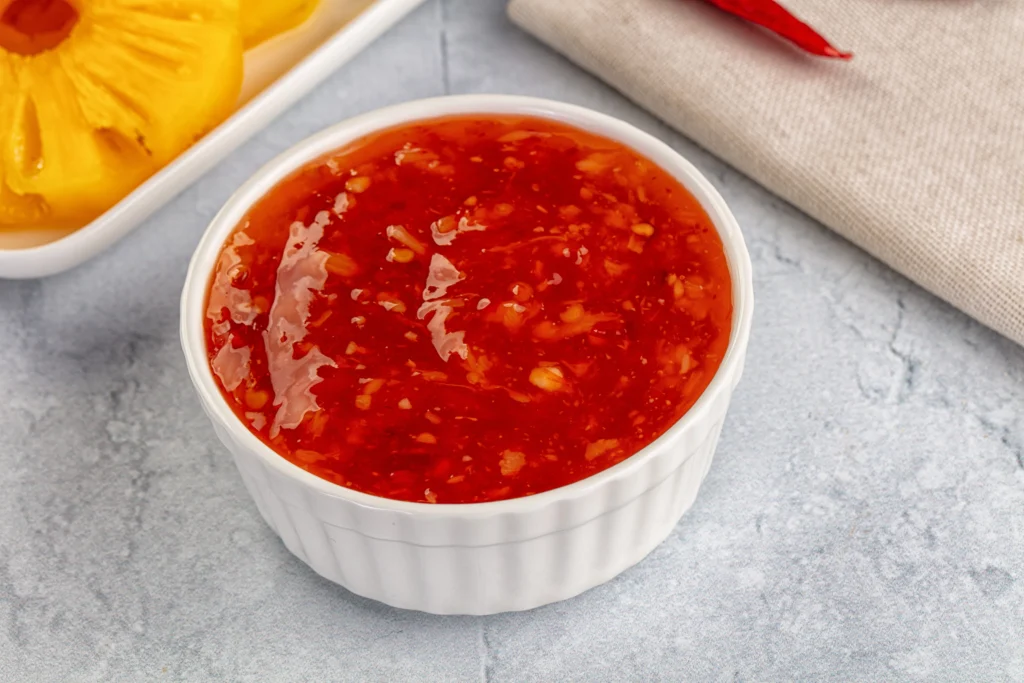 sweet chili sauce served in white ceramic bowl