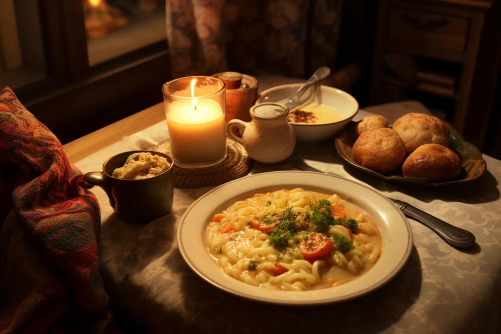 winter dinner served on wooden table