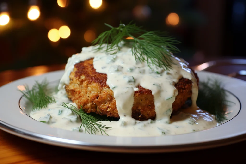 breaded chicken cutlet served with Alabama White Sauce in white plate