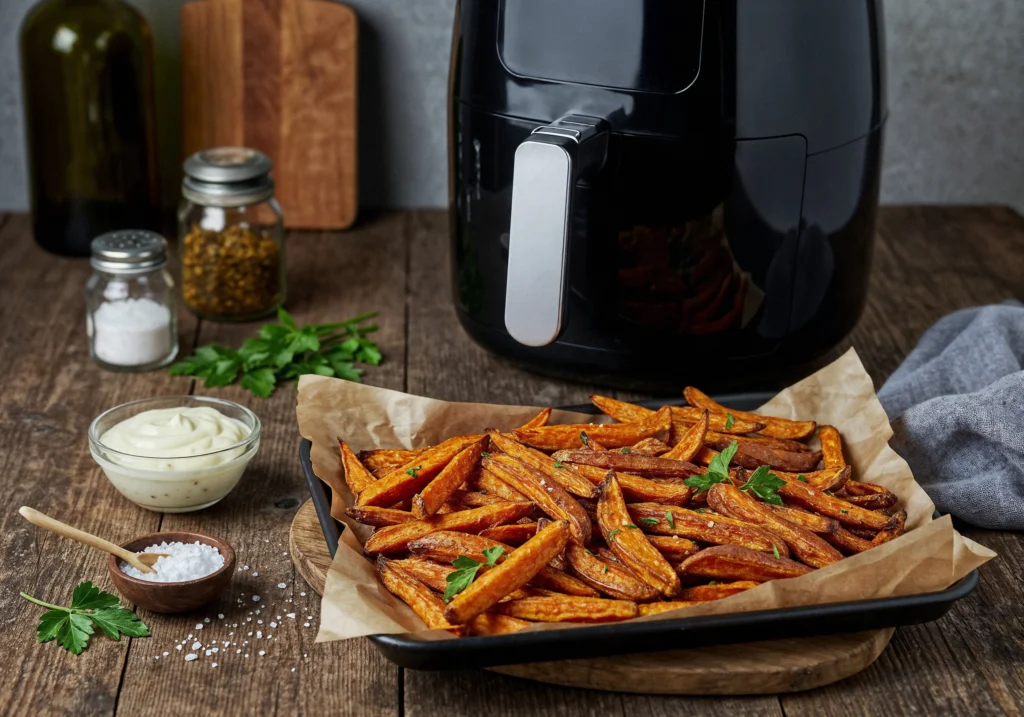 air fried sweet potato fries with air fryer on side on wooden table