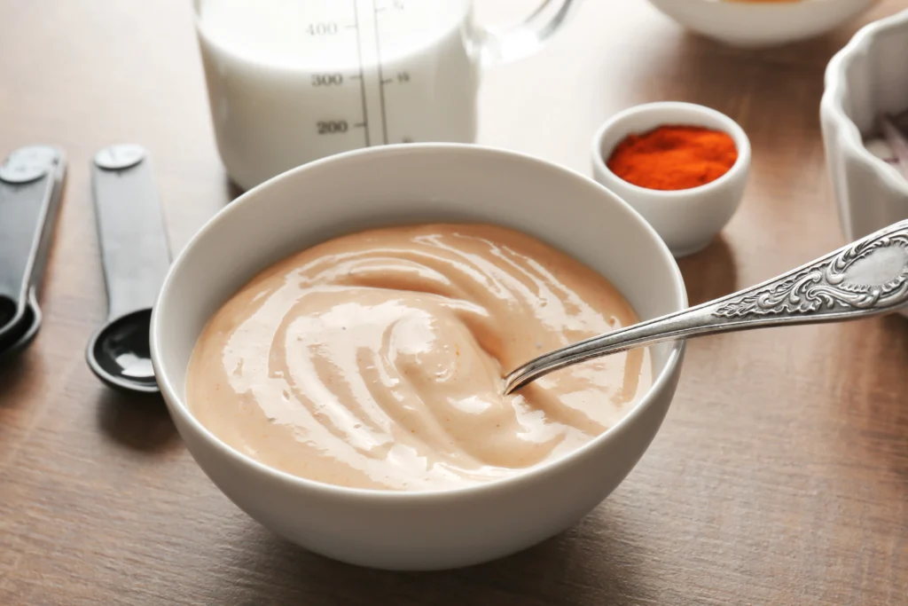 bang bang sauce served in a white ceramic bowl along with paprika powder and some milk in measuring jar