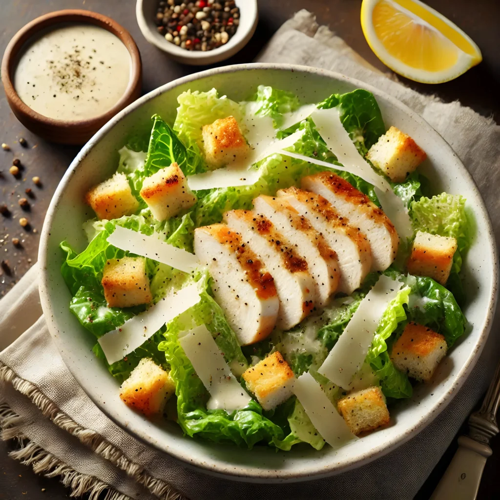 caesar salad with chicken cutlet served in a shallow white bowl