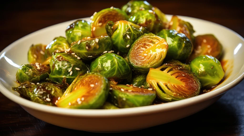 Roasted Brussels Sprouts with Honey & Balsamic served in a bowl