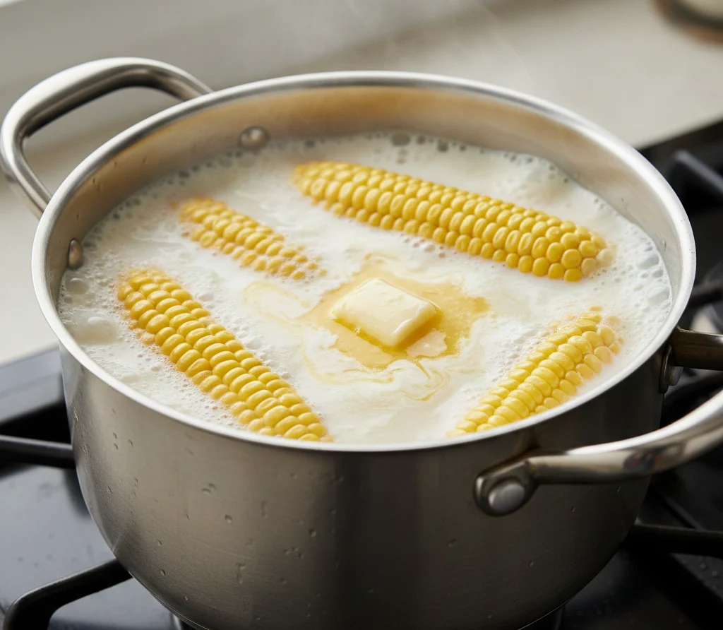 corn on the cob boiling in milk with butter
