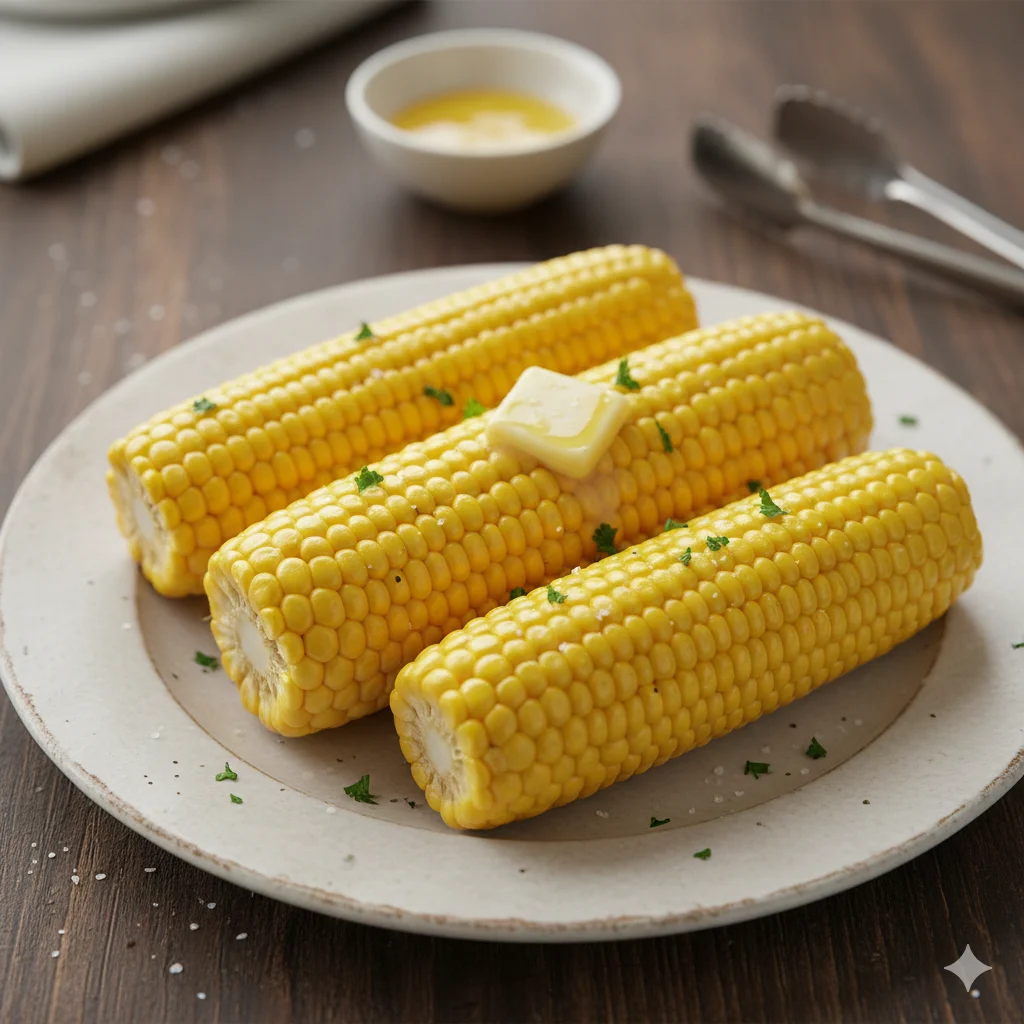 corn on the cobs served in a white plate with butter on top