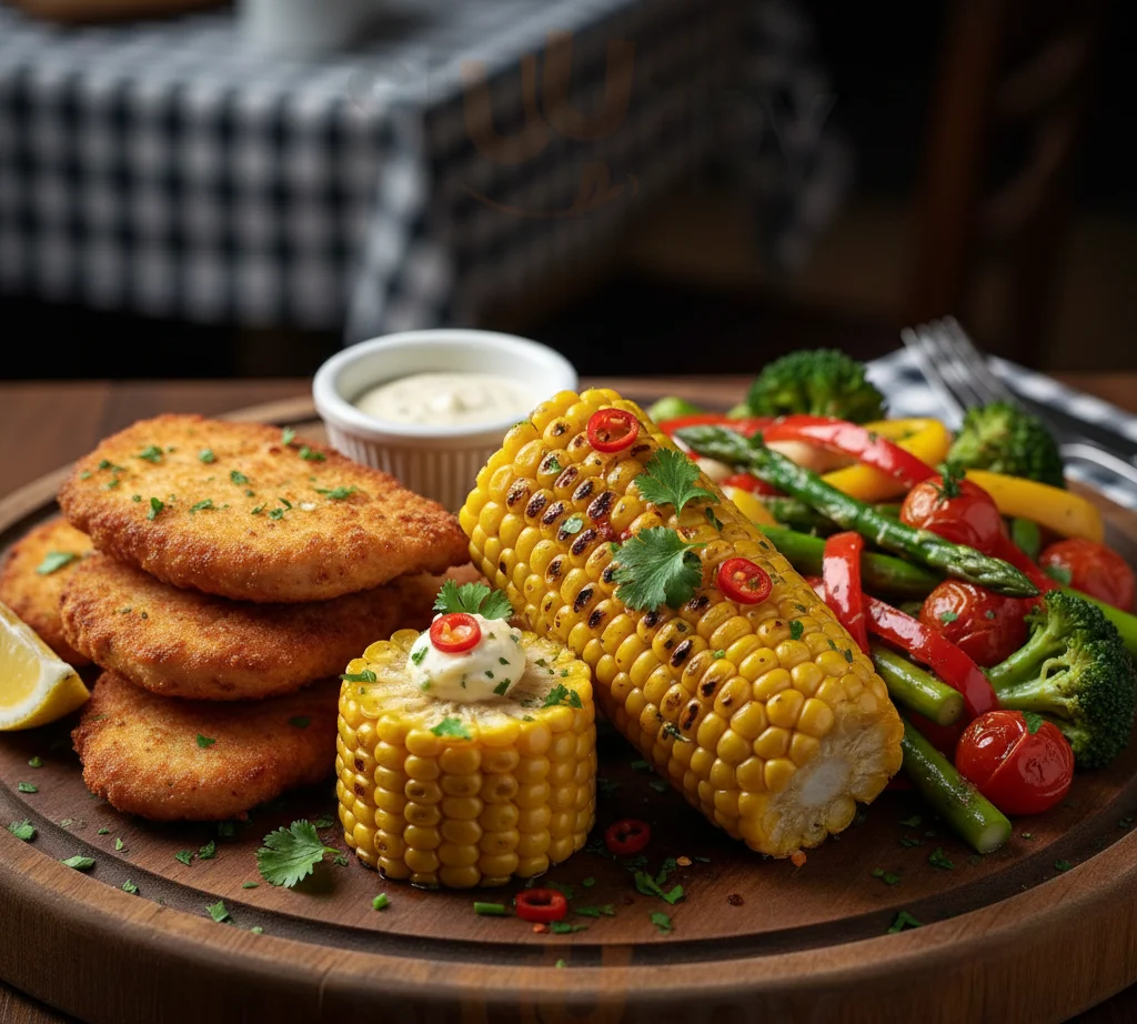 corn on the cob being served in a wooden plate with crispy cutlets and vegetables