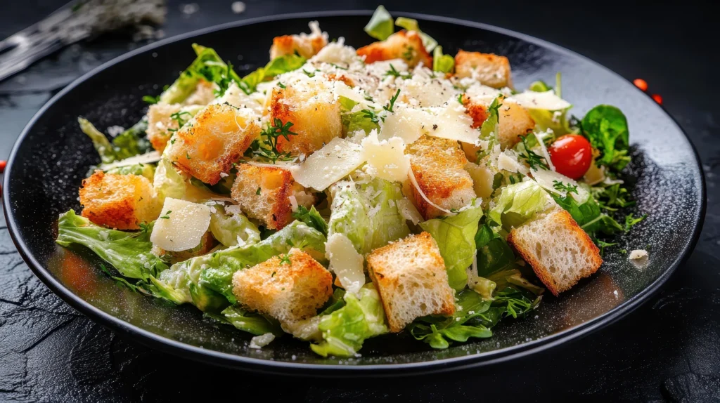 homemade caesar salad with croutons and parmesan