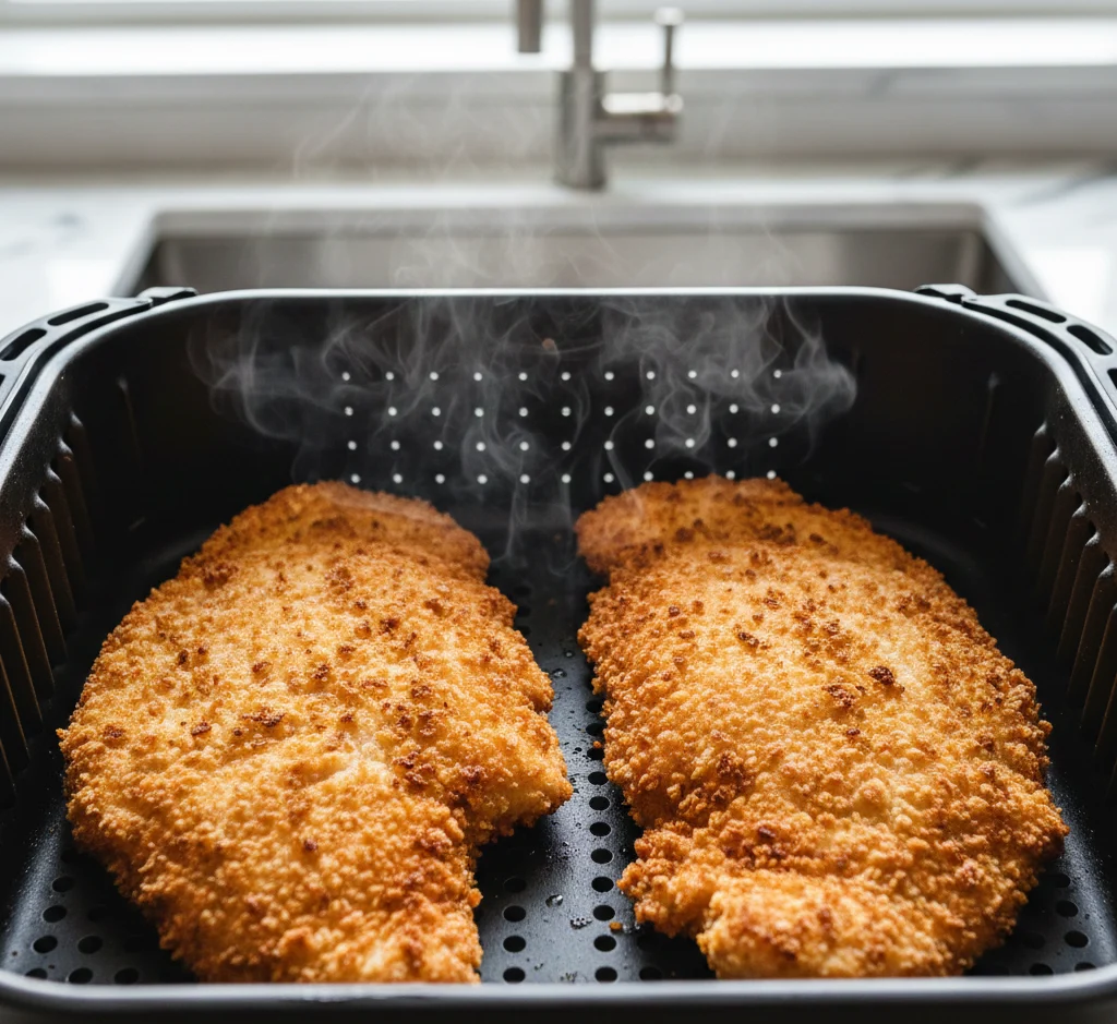 cooked frozen chicken cutlets in air fryer basket