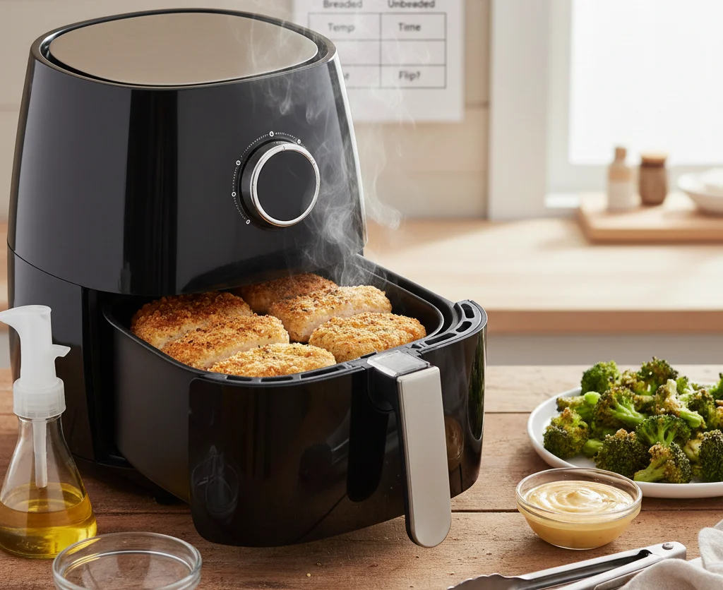 chicken cutlets in air fryer basket placed on counter top