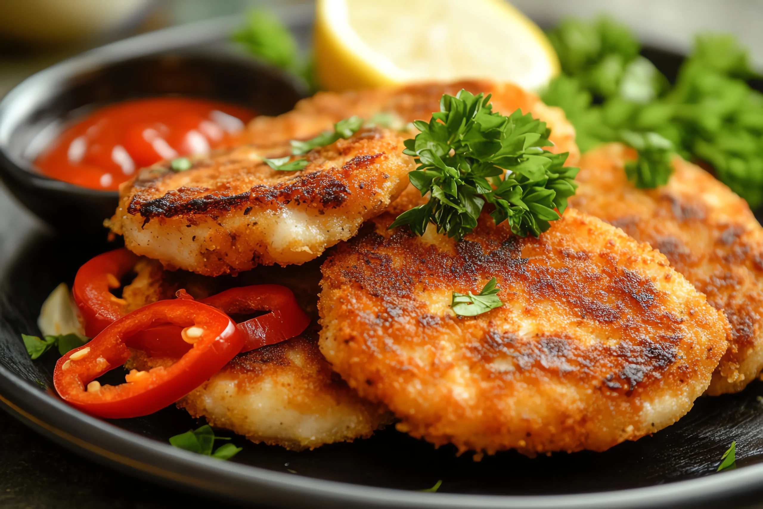 delicious-chicken-cutlets-served-bed-fresh-mixed-greens-with-lemon-wedges-ketchup