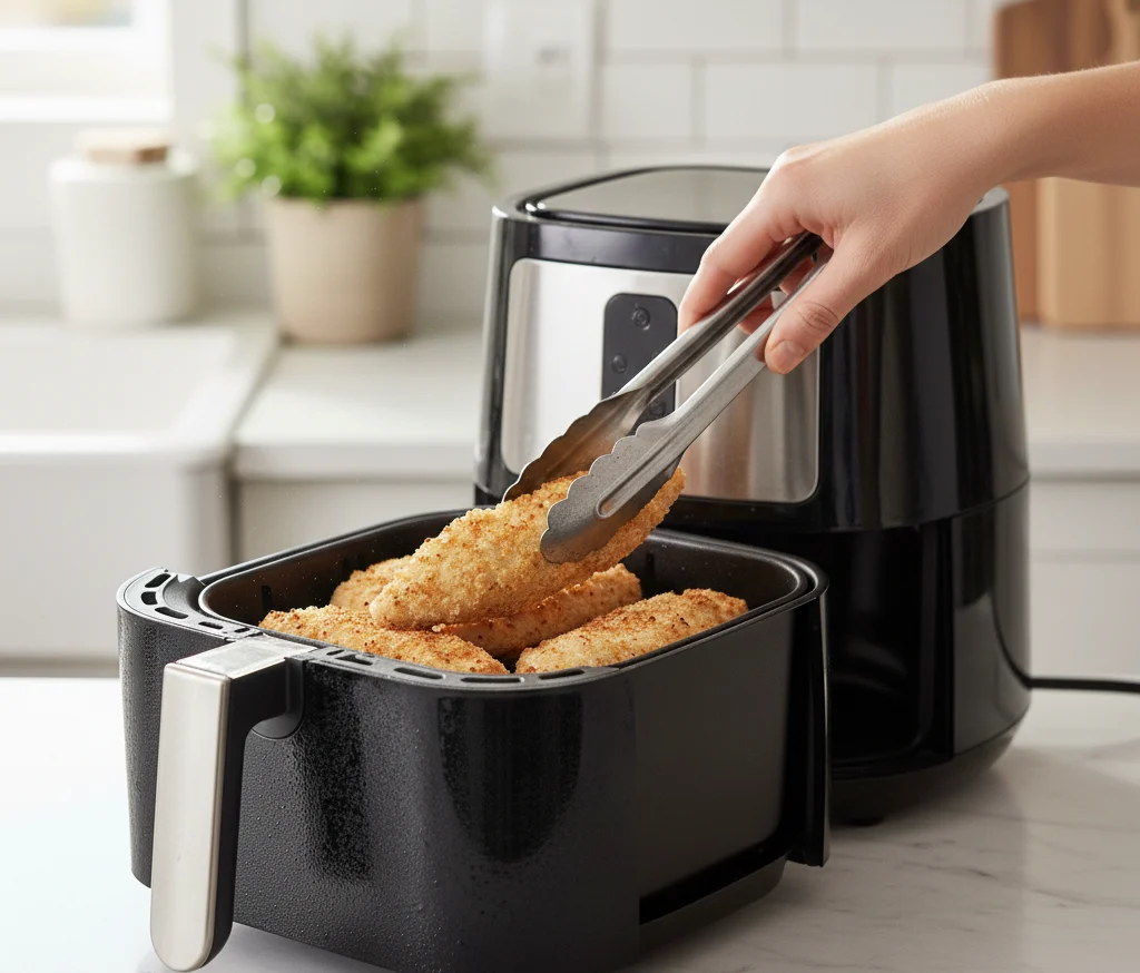 flipping-cutlets-with-tong in an air fryer