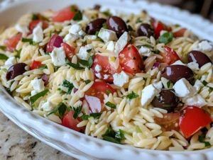 orzo pasta salad with feta cheese, olives, tomatoes, parsley served in a white dish