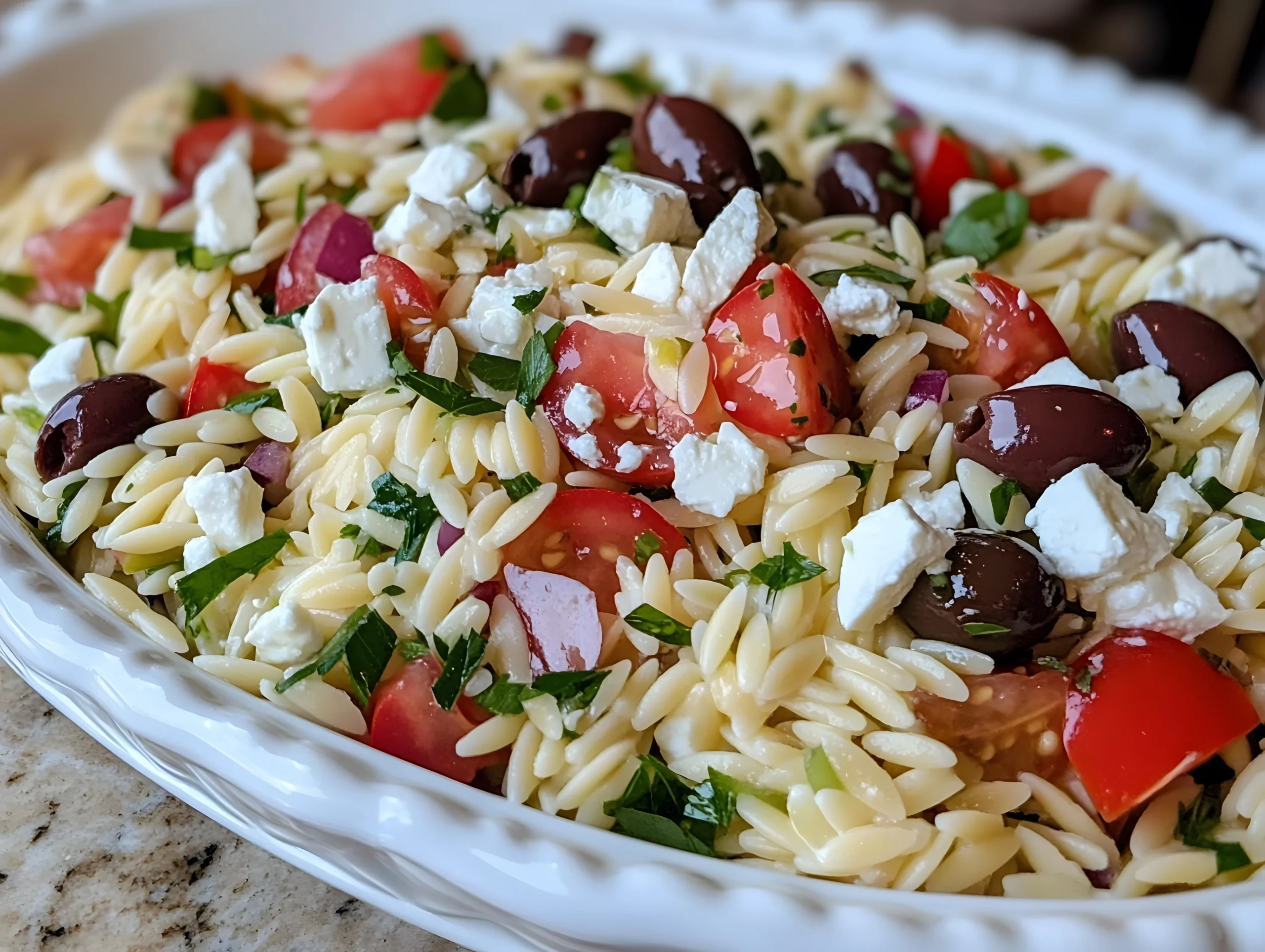 orzo pasta salad with feta cheese, olives, tomatoes, parsley served in a white dish
