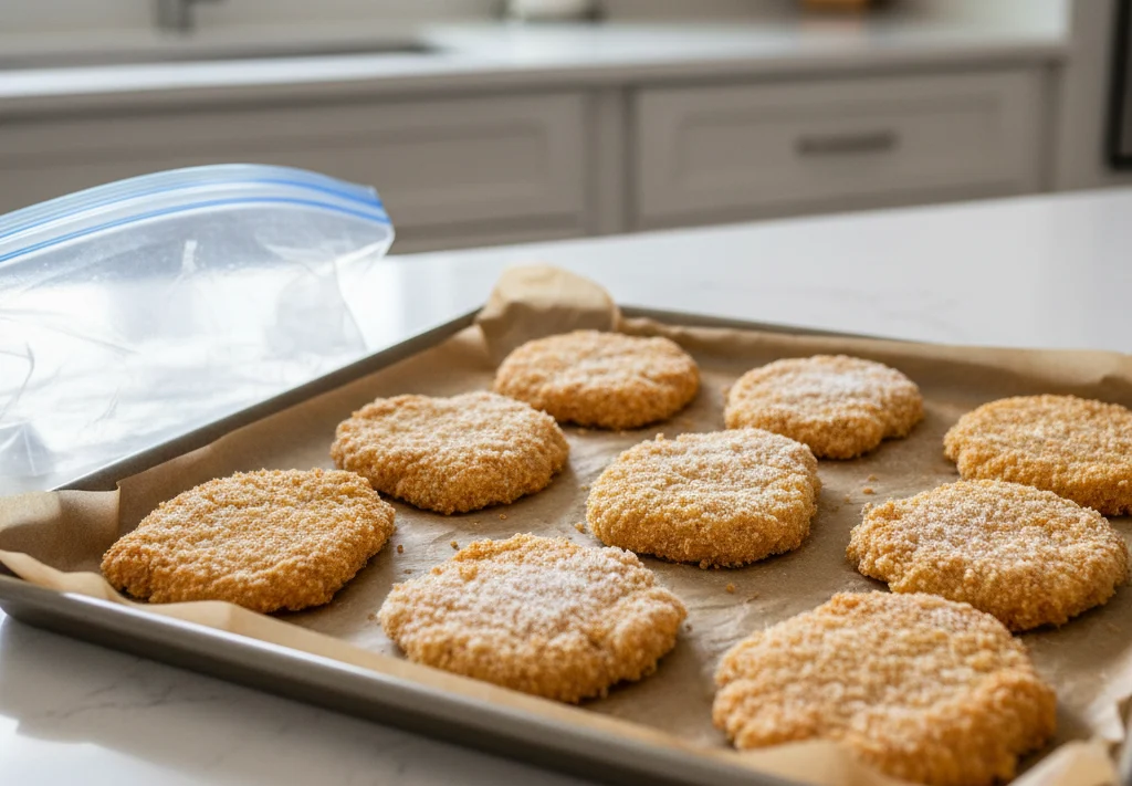 frozen raw cutlets placed in a tray with a ziplock bag beside it