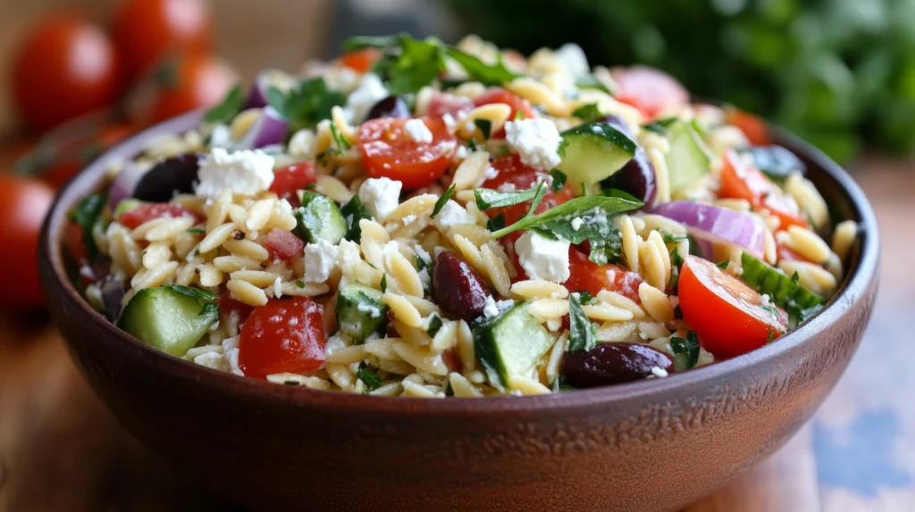 orzo pasta salad served in a brown bowl
