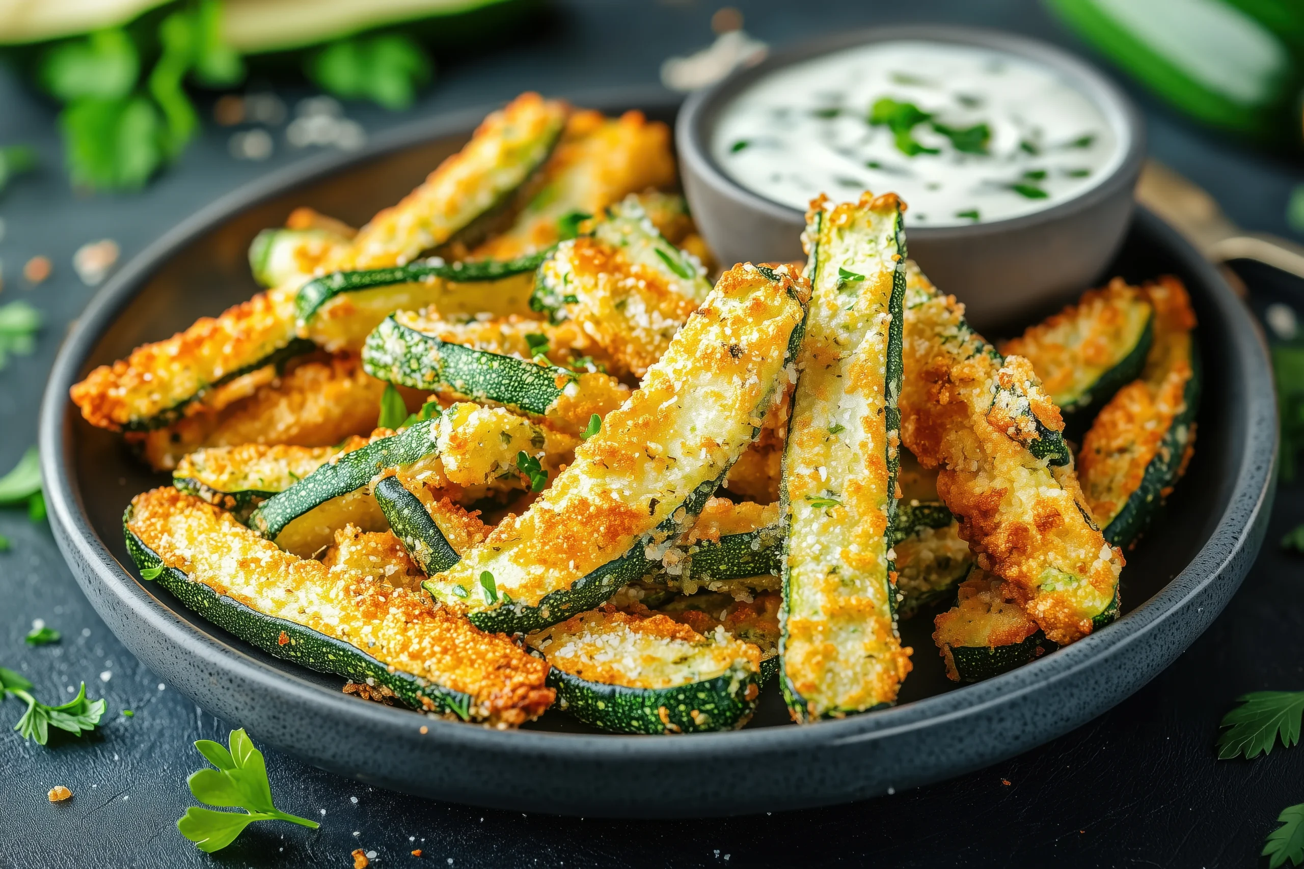 zucchini fries with white sauce in side served in black plate
