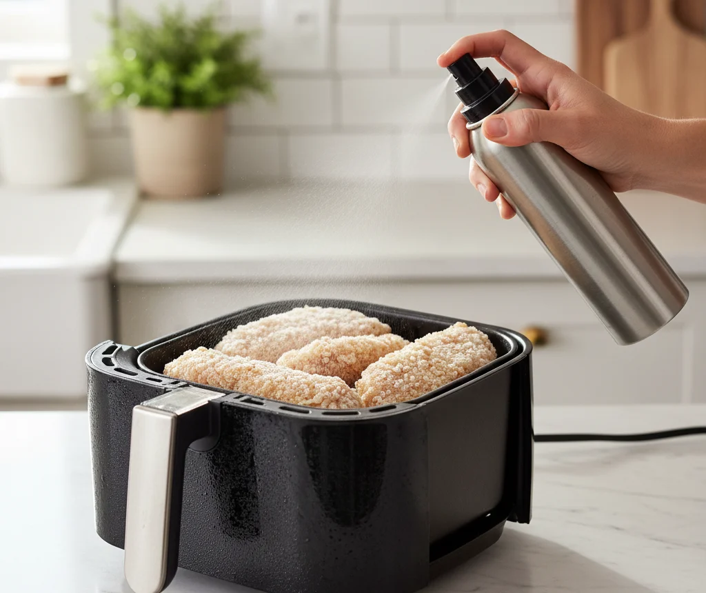 oil-spraying-on-cutlets in an air fryer