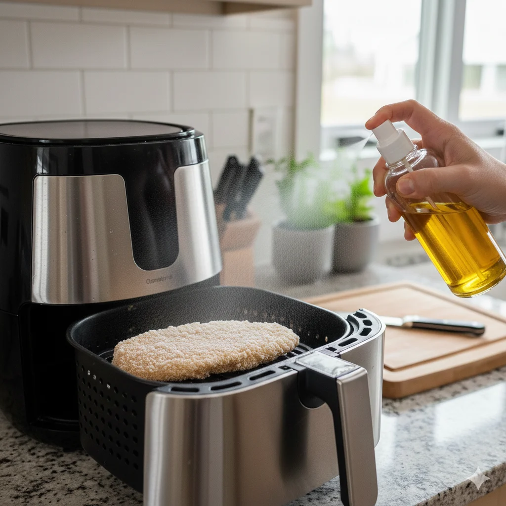 Spraying oil on cutlet in air fryer