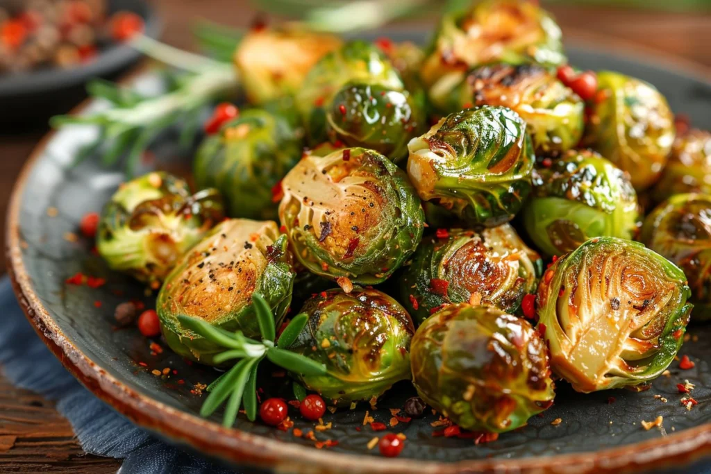 Roasted Brussels Sprouts with Honey & Balsamic served in a plate