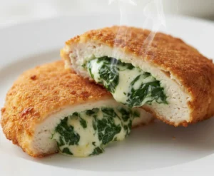 low carb stuffed chicken cutlets with spinach and cheese filling half cut from centre served in a white ceramic plate