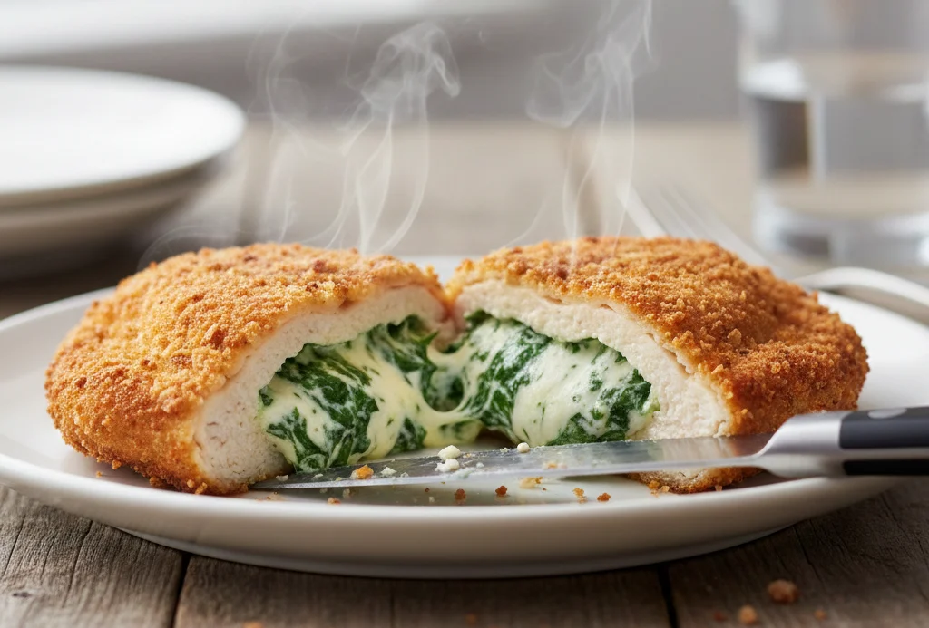 low carb stuffed chicken cutlets with spinach and cheese filling half cut from centre served in a white ceramic plate