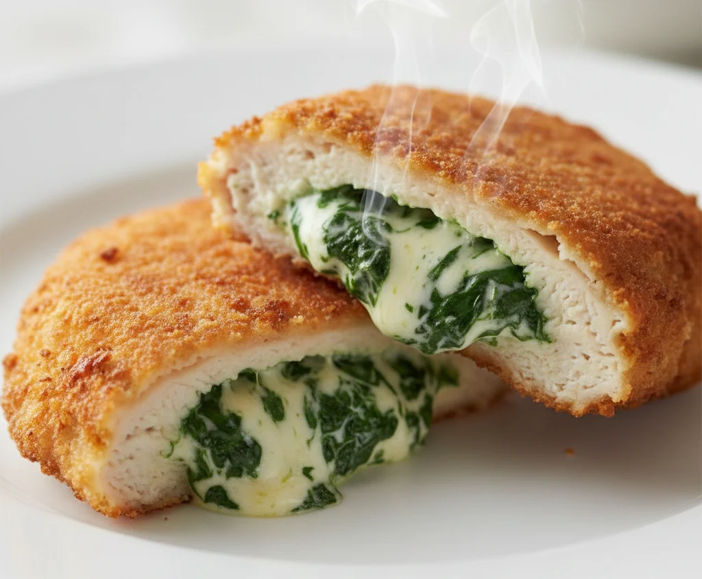 low carb stuffed chicken cutlets with spinach and cheese filling half cut from centre served in a white ceramic plate