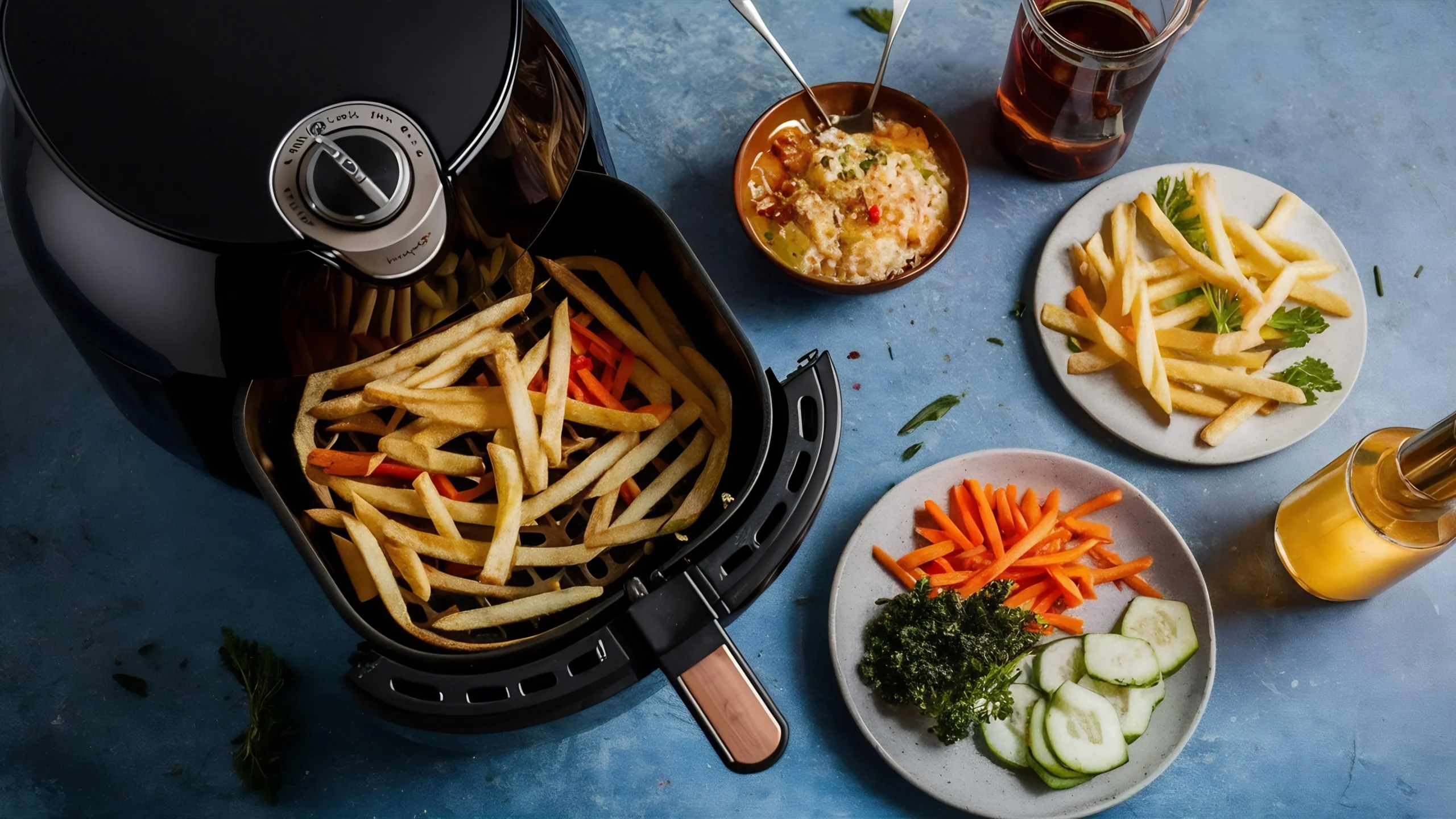 Air Fryer French Fries in air fryer with salad beside