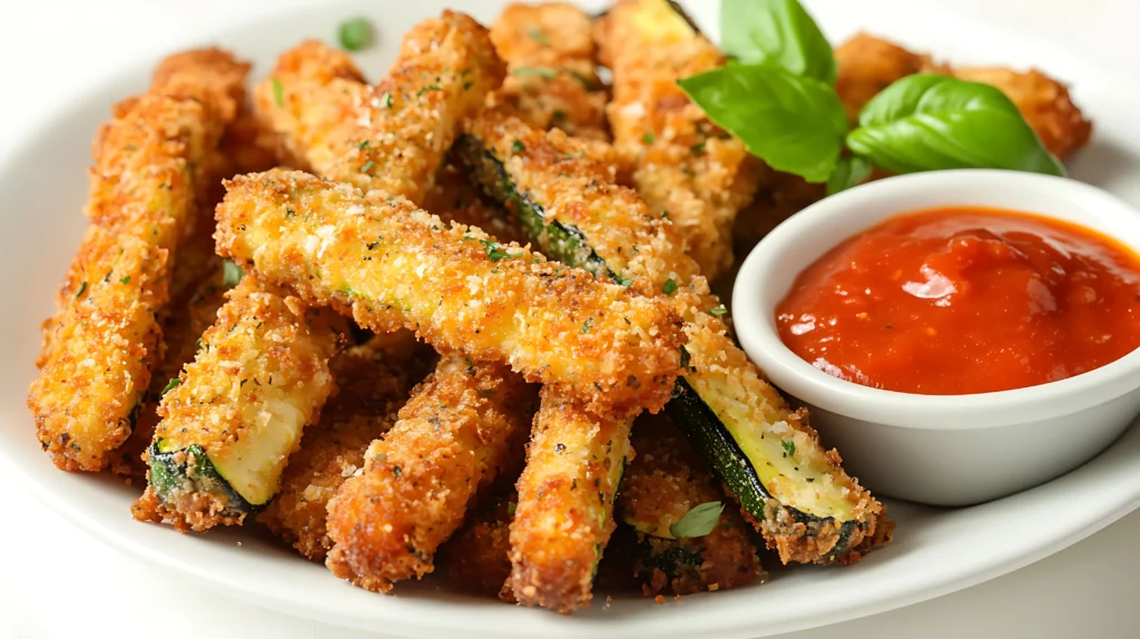 zucchini fries with sauce in side served in white plate